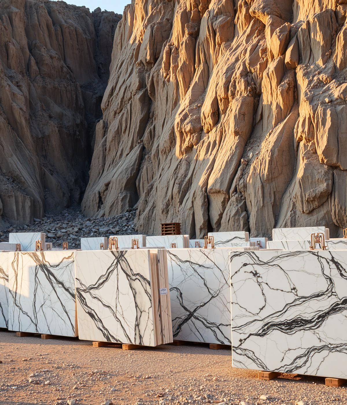 Quarry of luxury marble blocks at golden hour
